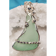 Faux Sea Glass Pendant, Non-Tarnish Silver Square Wire, with Silver Beads