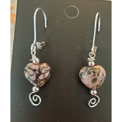Black & Pink Rhodonite Heart Earrings w/Silver Beads.
