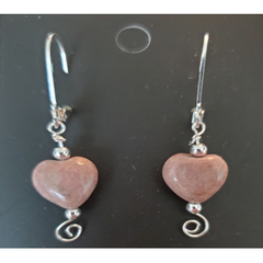 Pink Rhodonite Heart Earrings w/Silver Beads.