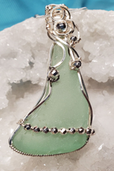 Faux Sea Glass Pendant, Non-Tarnish Silver Square Wire, with Silver Beads