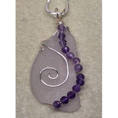 Lavender Sea Glass  Pendant, with Amethyst Beads.