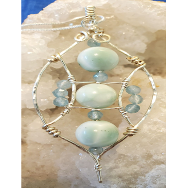 Silver Hammered Pendant,  w/Larimar and Aquamarine Beads.