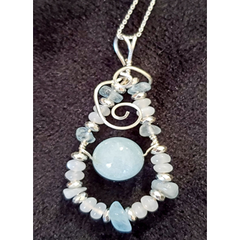 Aquamarine Center Stone Pendant with Aquamarine, White Moonstone and Silver Beads