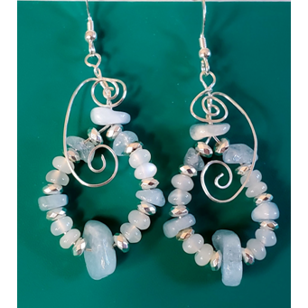 Earrings  with Aquamarine, Silver and White Moonstone Beads.