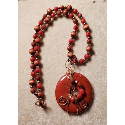 Orange/Red Jasper Round Pendant with Red Jasper, Goldstone and Fire Agate Beads