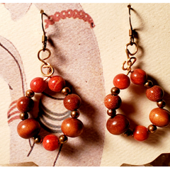 Earrings with Wooden, Red/Orange Jasper, & Gold Stone Beads